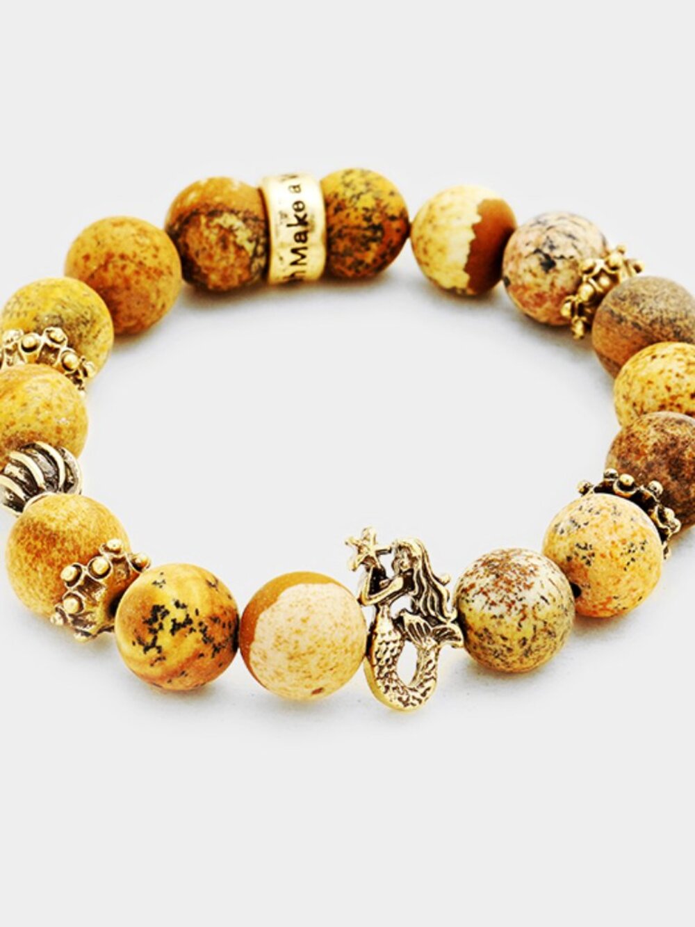 "Make a Wish" Mermaid Charm Picture Jasper Stone Stretch Bracelet - Boho Beach